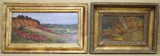 English School c.1900, oil on panel, Sketch of heathland, 12 x 26cm and a smaller sketch of a birch tree